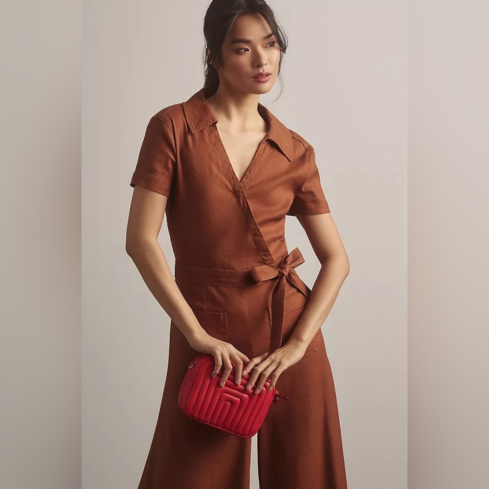 Anthropologie The Colette Linen Blend Wrap Jumpsuit by Maeve Sz 6 Missing Belt